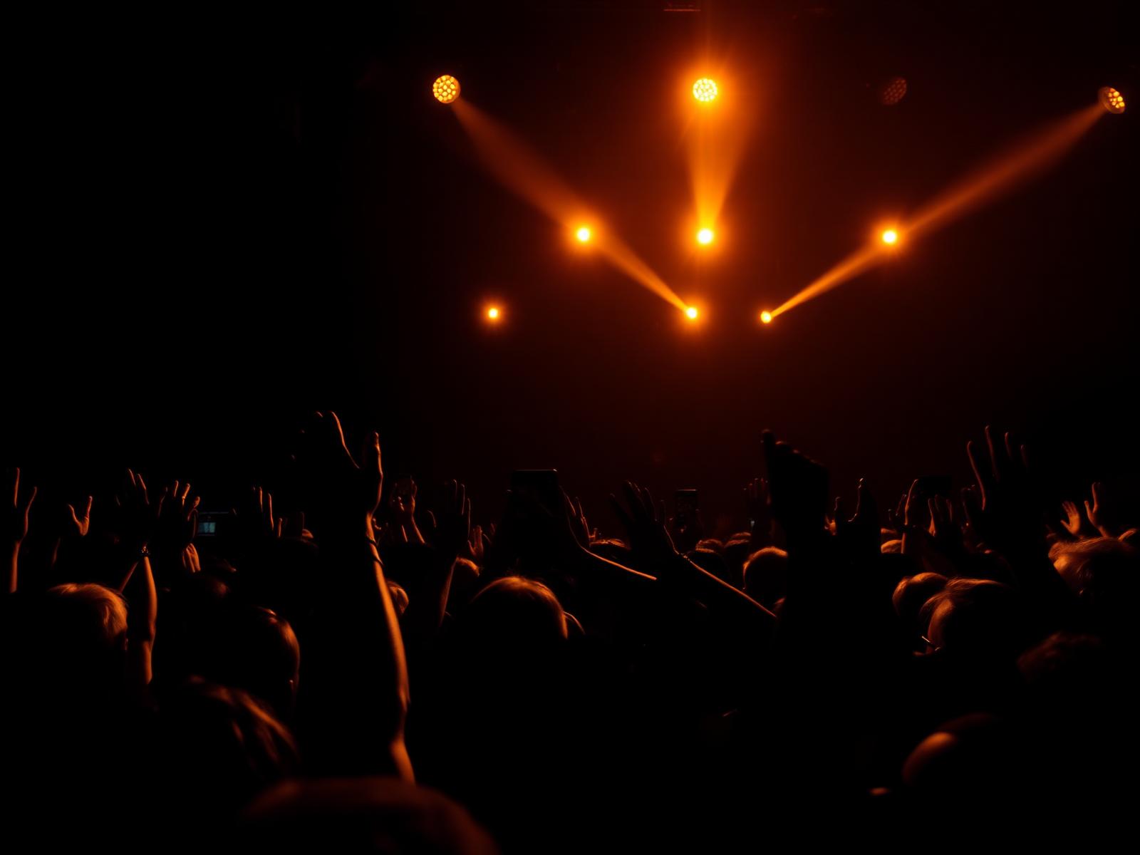 Multidão em show com luzes douradas no palco